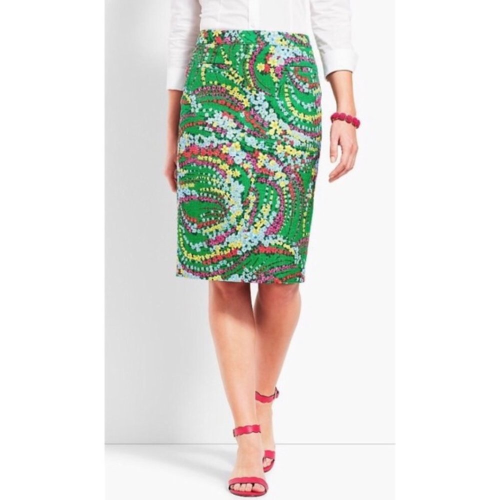 Talbots Green & Yellow Floral Print Pencil Career Skirt Size 8